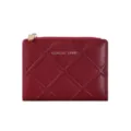 Red quilted bifold wallet for women, stylish compact PU leather zipper purse with gold accents. - Red