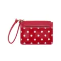 Red patent leather polka dot cardholder with wrist strap and gold zipper coin purse. - Red