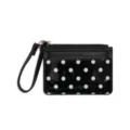 Black patent leather polka dot card holder with wrist strap and zipper pocket variant. - Black