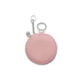 Round pink leather earphone pouch coin purse with keychain and zipper closure for daily use. - Pink