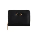 Black women's bifold wallet with gold metal buckle, compact zipper design, multi-card slots. - Black