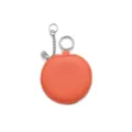 Round orange leather earphone pouch keychain portable mini coin purse storage bag with zipper hook. - Orange