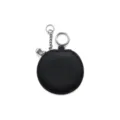 Black round leather earphone storage pouch with metal keychain and zipper for daily use. - Black