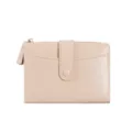 Women's short bi-fold wallet, cute macaron pink PU leather coin purse with zipper and snap. - Beige