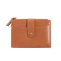 Compact brown leather short women wallet with secure snap button and zipper coin pocket. - Brown