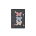 Dark denim three-fold wallet featuring cute embroidered bows and star details for women. - Black