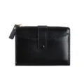 Black short women wallet with zipper and snap button, compact PU leather card holder. - Black