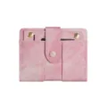 Pink denim short wallet for women, compact card holder with snap closure and coin pocket. - Pink