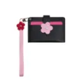 Schwarzer Kartenhalter mit rosa Armband und Blumen, minimalistisches Y2K Portemonnaie für Damen. - Schwarz