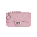 Pink quilted PU leather card holder wallet with zipper, turn-lock closure and keychain ring. - Light Pink