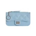Light blue quilted PU leather women coin purse short card holder with key ring wallet. - Light Blue