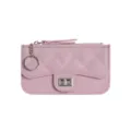 Pink PU quilted coin purse short card holder wallet with zipper and elegant keychain design. - Light Purple