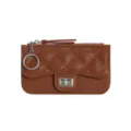 Brown quilted PU leather coin purse card holder with key ring and turn lock closure. - Brown