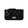 Black quilted PU leather coin purse wallet card holder with classy turn lock and keychain chain. - Black