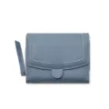 Blaues Damengeldbörse aus Leder mit Litschimuster, Druckknopf und Reißverschluss. - Denim Blau