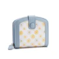 Women short folding wallet with daisy floral pattern, light blue and white contrast, zip purse holder. - Light Blue