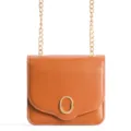 Brown mini women crossbody shoulder bag featuring gold chain and chic round metal buckle. - Brown