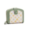 Green leather and daisy floral women short wallet, minimalist compact fold card purse - Light Green