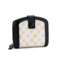 Compact women's floral wallet with daisy pattern, black leather trim and card slots. - Black