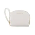 White crocodile pattern coin purse with elegant pearl wrist strap for women stylish wallet. - White