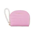 Pink crocodile texture card holder with pearl wrist strap, half round coin purse wallet - Pink