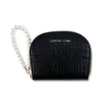 Black crocodile pattern coin purse with pearl wrist strap, compact zipper card holder wallet. - Black