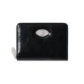 Minimalist black bifold zipper wallet for women, solid color PU leather purse with metal logo. - Black