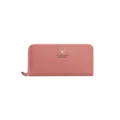 Roze lange damesportemonnee met rits, elegante lederen clutch tas met metalen bloemdecoratie. - Oudroze
