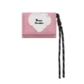 Pink denim tri-fold wallet for women with frayed heart patch and stylish black lanyard. - Pink