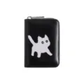 Cartera tarjetero de cuero negro con bonito estampado de gato blanco y cierre de cremallera. - Negro