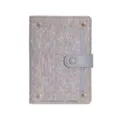 Grey denim passport holder with contrast stitching and secure snap button closure for travel. - Gray
