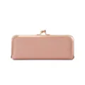 Pink leather kiss-lock clutch purse, portable cosmetic and glasses storage bag with metal frame. - Pink