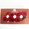 Gedetailleerd overzicht van geconserveerde rozenbox, 8 rode bloemen, A-kwaliteit voor DIY. - Bordeauxrood