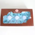Detailed view of preserved light blue rose heads in a windowed gift box, premium floral decor. - Light Blue