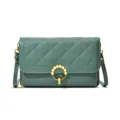 Green quilted crossbody bag women fashion shoulder purse with pearl ring clasp and strap. - Dark Green