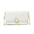 White quilted crossbody bag for women, stylish phone purse with pearl ring clasp and strap. - White