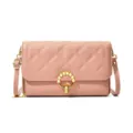 Pink quilted crossbody bag for women, elegant shoulder bag with pearl ring clasp and gold chain - Pink