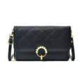 Black quilted leather crossbody bag with chic pearl ring buckle and adjustable strap. - Black