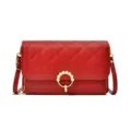 Red quilted leather crossbody bag with pearl ring clasp, stylish solid color phone wallet. - Red