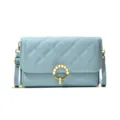 Light blue quilted crossbody bag for women, stylish phone wallet with pearl ring charm. - Blue