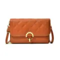Brown quilted leather crossbody bag with elegant pearl ring clasp and strap for daily wear. - Coffee