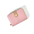 Pink women's short wallet with snap button closure and cute embroidered flower pattern design. - Pink