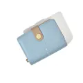 Women short wallet in light blue, solid minimalist style with snap closure and cute embroidery. - Blue