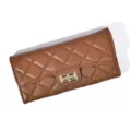 Stylish brown quilted long wallet for women, elegant faux leather clutch with gold turn-lock. - Dark Brown