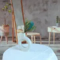 Vista dettagliata di fiori di banksia secchi naturali in elegante vaso ceramica bianca. - Blu