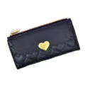 Black quilted long women wallet with gold heart buckle and zipper design for daily use. - Black