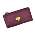 Burgundy long women wallet with gold heart buckle, quilted design, chic phone purse. - Burgundy