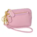 Pink leather coin purse with multiple zippers, gold keychain and wrist strap for daily use. - Pink