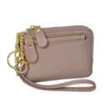 Grey women small coin purse with wrist strap, double zipper wallet and key chain variant. - Camel