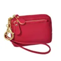 Red leather coin purse with zipper, wrist strap, and keychain. Compact wallet for women. - Red